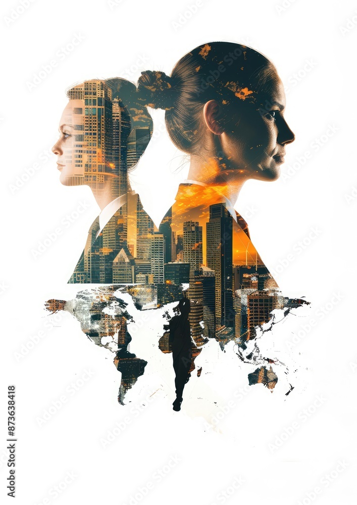 Poster global business strategy concept - team of executives with double exposure world map on white backgr