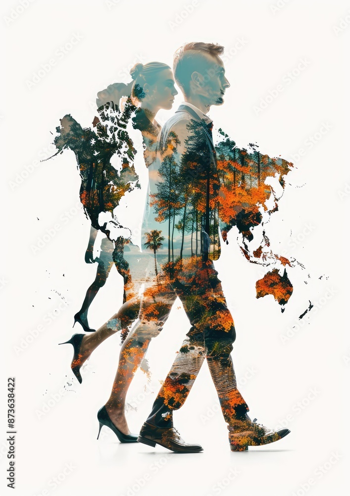 Poster Global Business Strategy Concept - Team of Executives with World Map Double Exposure on White Background in 4K Resolution with Copy Space for Text, Generative Ai