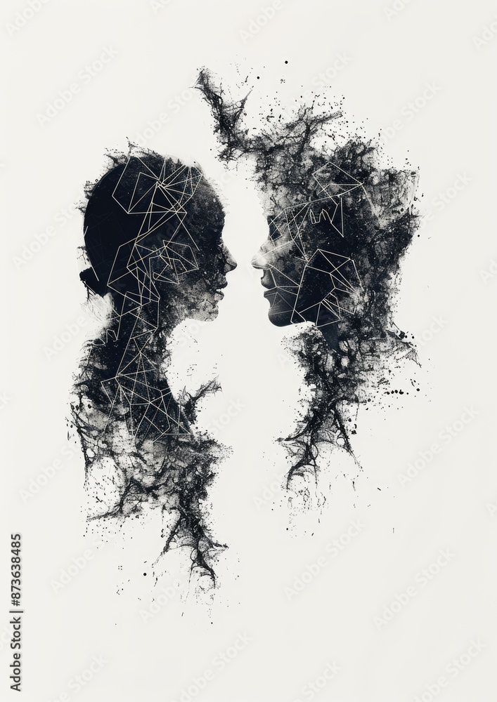 Poster digital networking strategies: business people discussing with 4k double exposure connection technol