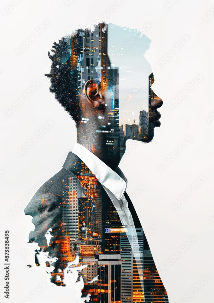 Poster futuristic businessman embracing innovation with double exposure of technology on white background i