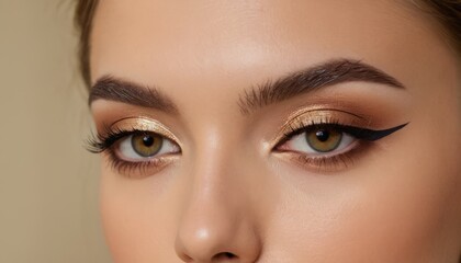 Fototapeta premium Elegant close up of eyes and red lips with perfect eyeliner and smooth skin, showcasing beauty and skin care excellence in makeup and cosmetic elegance