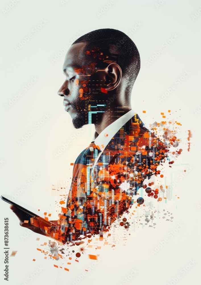 Aufkleber tech-savvy businessperson utilizing data streams on tablet with double exposure effect for modern bu