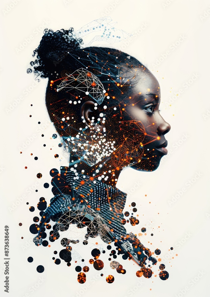 Poster connected dots of diversity: diverse team in double exposure 4k image with collaborative technology 