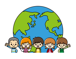 半円の地球の前に並ぶ、さまざまな人種の笑顔がかわいい子供たちのイラスト。