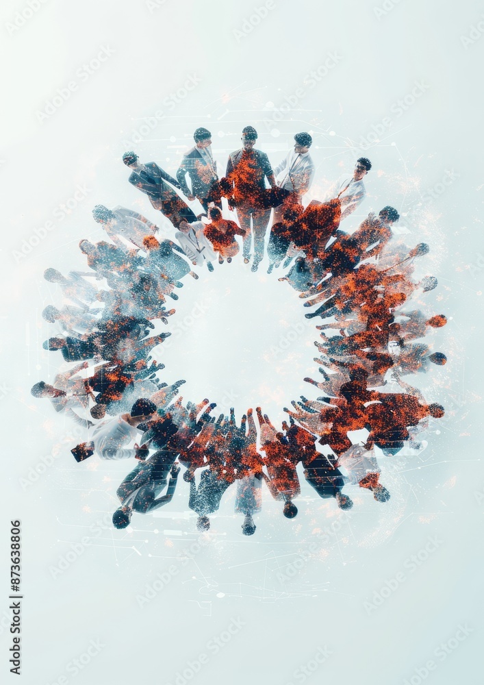 Poster innovating teamwork: business professionals in circle with futuristic graphs double exposure on whit