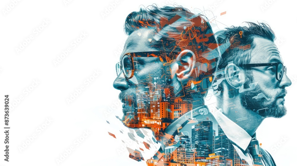 Poster analytical team with double exposure of data analytics for data-driven decision making on white back