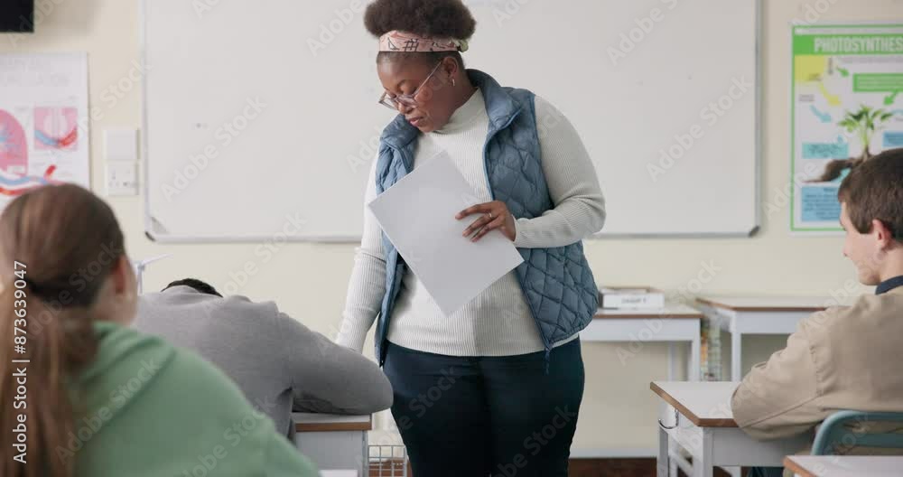 Aufkleber fail, classroom and teacher with test results for assignment, examination and assessment. education,