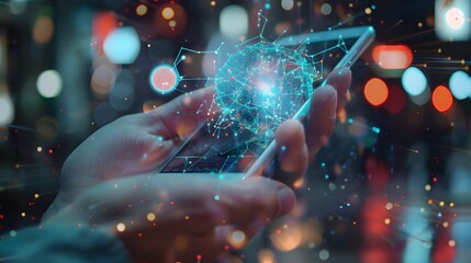 Mobile global internet communications. World wide web on phone via wireless satellite network technology. Smartphone digital connection at clouds services of all earth. Holographic abstract interface.