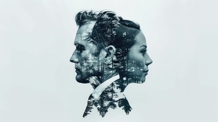 Corporate Teamwork: Business Professionals with Office Building Double Exposure on White Background - 4K Concept, Generative Ai