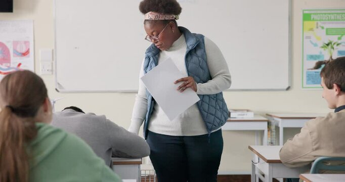 Fail, classroom and teacher with test results for assignment, examination and assessment. Education, school and woman with students report for course lesson, study quiz and learning in college