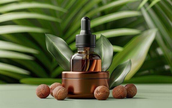 Babassu Oil in a luxurious container, with babassu nuts and leaves, set against a tropical forest background, photorealistic and premium