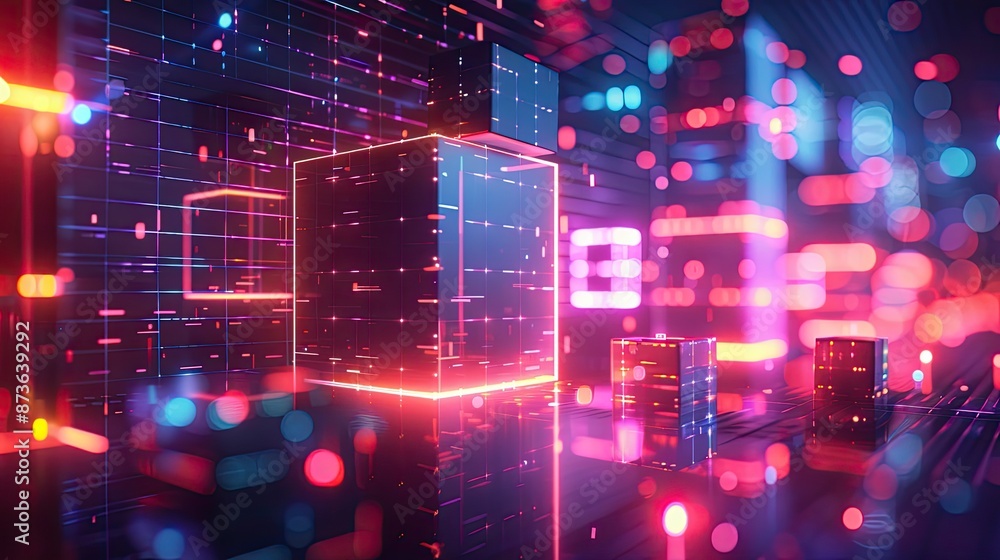 Poster a futuristic abstract scene with neon lights and geometric shapes, creating a modern and dynamic dig