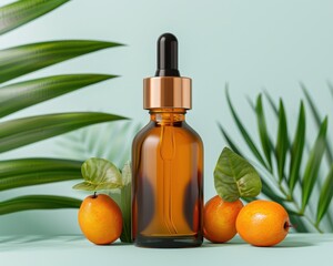 Buriti Oil in a chic bottle, with buriti fruits and leaves, set against a tropical forest backdrop, photorealistic and natural beauty