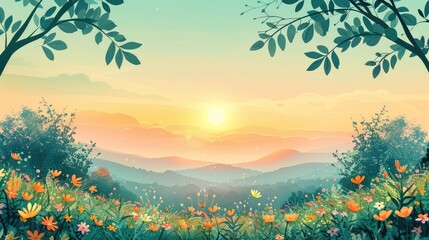 Fototapeta premium A breathtaking sunrise over a vibrant flower field, framed by trees and rolling hills in the background, creating a serene and picturesque landscape