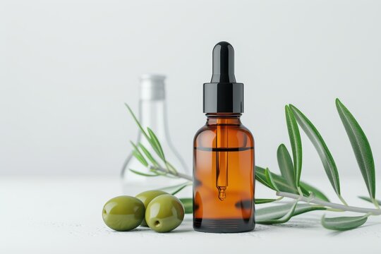 Squalane in a refined dropper bottle, with olive leaves and a scientific backdrop, photorealistic and premium