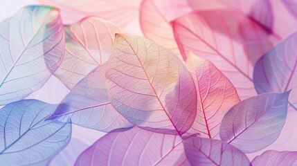 Fototapeta premium Delicate, translucent leaves in pastel colors, creating a soft and ethereal composition. The intricate veins of each leaf are clearly visible, highlighting the beauty of nature