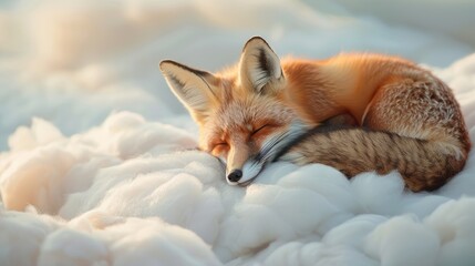A cute red fox peacefully sleeping on fluffy white clouds, creating a dreamy and serene atmosphere