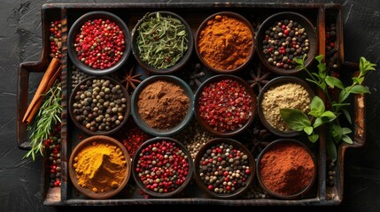 A diverse collection of colorful spices in bowls arranged on a wooden tray. The spices range from red, yellow, and green, showcasing a variety of textures and flavors