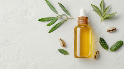 Jojoba Oil in a minimalist glass bottle, with jojoba seeds and leaves, set against a textured natural backdrop, photorealistic and premium