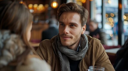 Fototapeta premium Single man, blind date, awkward conversation, medium shot, coffee shop setting, daylight, dating difficulties, candid moment, natural tones.,
