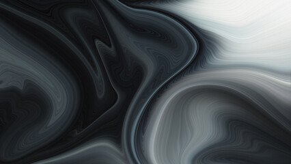 Abstract marbled paint texture pattern in white, black, and gray waves and swirls; metallic fluid or liquid flowing in an abstract pattern; silver background; chrome background