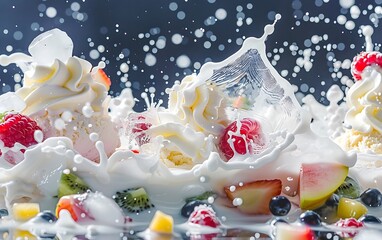 Milk splash with raspberries and strawberries