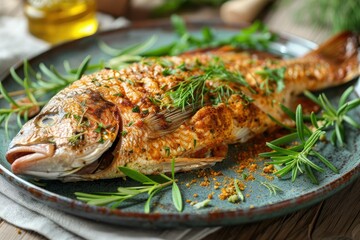 Grilled Whole Fish with Fresh Herbs on a Plate