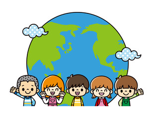半円の地球の前に並ぶ、さまざまな人種の笑顔がかわいい子供たちのイラスト。