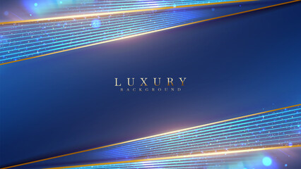 Blue Luxury Background for Presentation, Cosmetic or Product Cover Banner, with Diagonal Golden Lines, Decorations, and Glitter Light Effects.