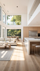 Fototapeta premium Interior of modern living room with white walls, wooden floor, white sofa and coffee table.