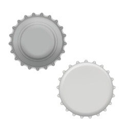 Two gray bottle caps viewed from above, showcasing a metallic finish. Vector