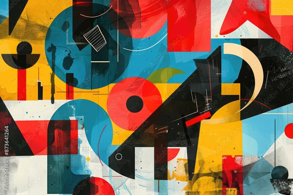 Poster artwork with vibrant abstract shapes and circles in red, yellow, and blue, creating a dynamic and co