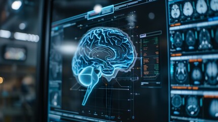 Innovative Medical Technology Diagnoses and Examines Patient Brain with Intelligent Software in Hospital, Isolated on White Background