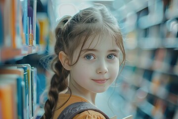 Curious Young Girl in Library with Bookshelves in Background