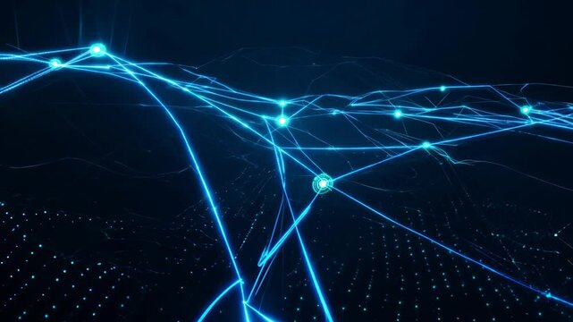 Illuminated blue pathways form intricate network patterns against a dark background. Glowing nodes connect via vibrant lines, creating depth and dimension through varying light intensities.	