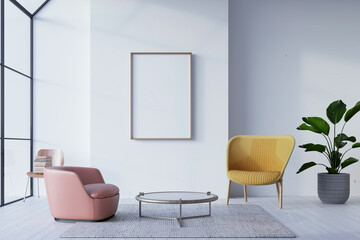 white living room with modern armchair and blank poster frame