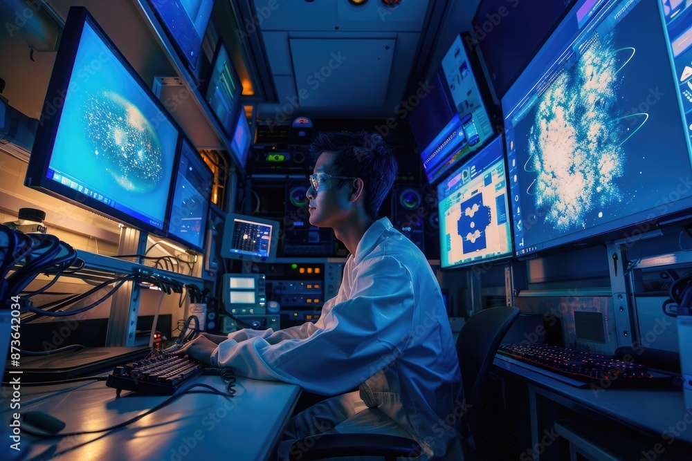 Poster cybersecurity professional monitors data streams and network security amid high-tech screens and equ