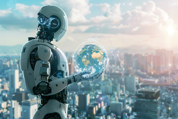 Naklejka premium Artificial intelligence holding globe, Futuristic technology concept.