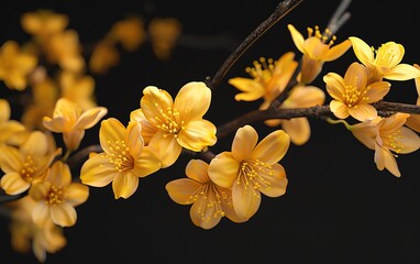 Blooming Forsythia x intermedia, 3D illustration set, black background, ultrarealistic, highly detailed, 4K quality