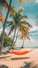 Minimalist tropical beach with orange hammock and palm trees, summer relaxation with ample text space