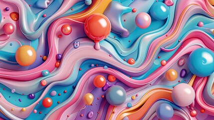Fluid 3D graphic backdrop with multicolored figures, intricate mosaic patterns, and modern detailing