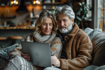 Comfortable Mature Couple Using Laptop Together in Cozy Home Setting