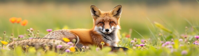 Fototapeta premium Relaxed fox lying in a field of wildflowers, Animal, Calm and Pure concept