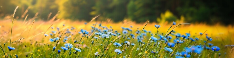Peaceful summer meadow with blue daisies, offering ample copy space for text, ideal for seasonal outdoor promotions. © Muhammad