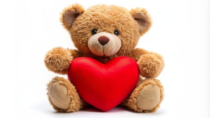 Adorable cuddly teddy bear clutches large vibrant red heart against soft white background, conveying love and affectionate sentiment.