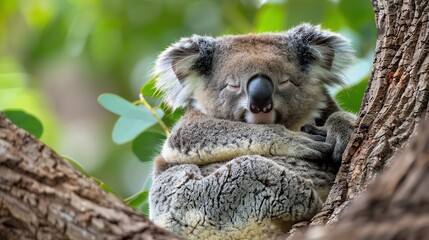 Obraz premium Tranquil koala napping in a eucalyptus tree, Animal, Calm and Pure concept