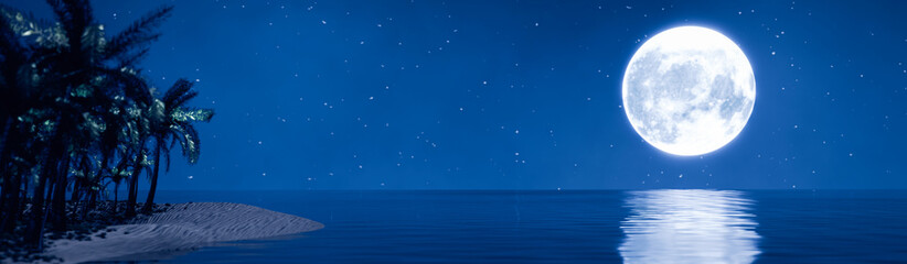 Astronomical Phenomenon the Blue light  full moon is reflected in the sea. The shadow of the island in the ocean The sky has many stars. Ripples on the sea at night.3D Rendering..