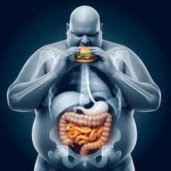Obese Man Eating Hamburger with Visible Intestines.