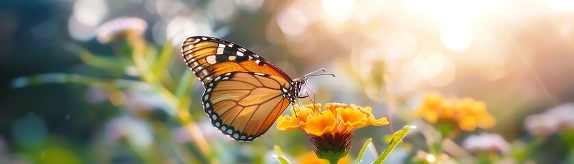 Obraz premium Calm butterfly perched on a vibrant flower in soft sunlight, Animal, Calm and Pure concept
