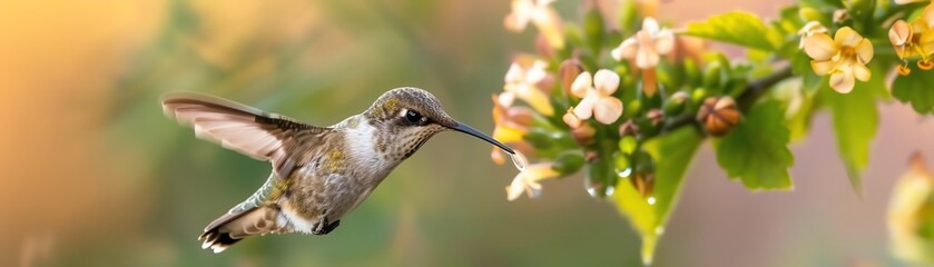 Tranquil hummingbird sipping nectar from a flower in the morning light, Animal, Calm and Pure concept